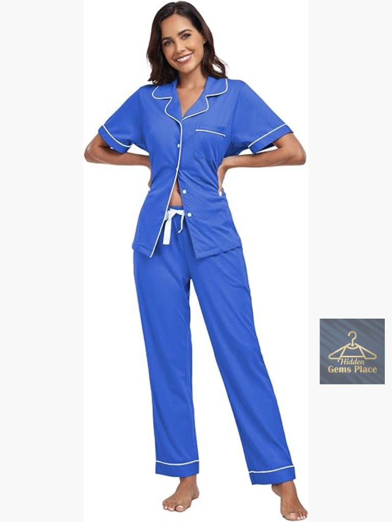 Women's Cotton Pajama Set Short Sleeve Button Down Lounge Set